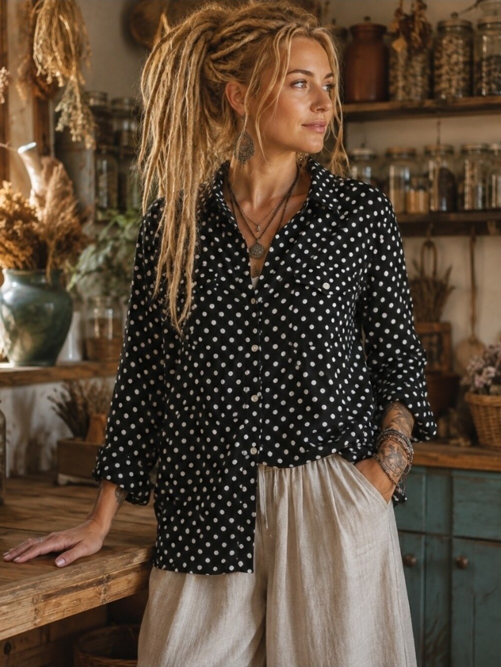 4/$15 Jones New York Sport Black White Polka Dot Button Down Blouse L/XL